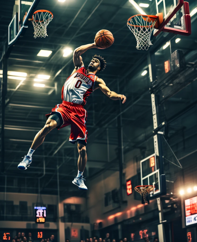 arafed basketball player in mid air after dunking a basketball ball, a picture by Frank Mason, dribble, dada, dunking, nba, photograph credit: ap, ultra - high jump, mid air, rim highlights, slam dunk, perfect shot, horizontally leaping!!!, air shot, breathtaking shot, flying shot, focused shot, mid air shot, Ghibli-like colours, anime style, Abstractionism