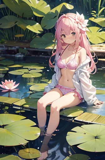 There is a girl sitting on a leaf, (white clothes), fresh color scheme, there is a plush toy, Guvez style artwork, popular on cgstation, illustrated by Li Song, soft anime, lying on a water lily mat, sitting on a lotus flower, cute and meticulous digital art, cute art style, in the pond, Yang J, cute digital art, Guvitz, sitting by the pond, pink hair, pink panties, pink bra