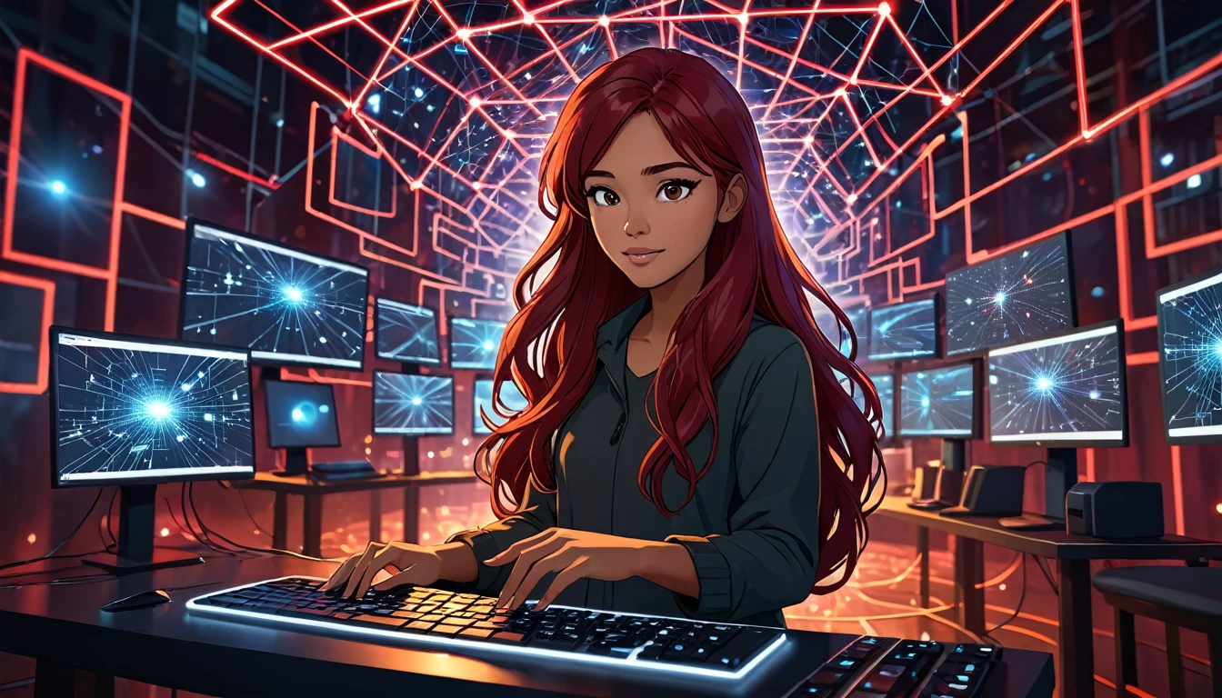 a young brown woman, with long dark red hair, inside a virtual world of networks and connections of lights with which she interacts and moves with her hands with a virtual computer keyboard in front of her.