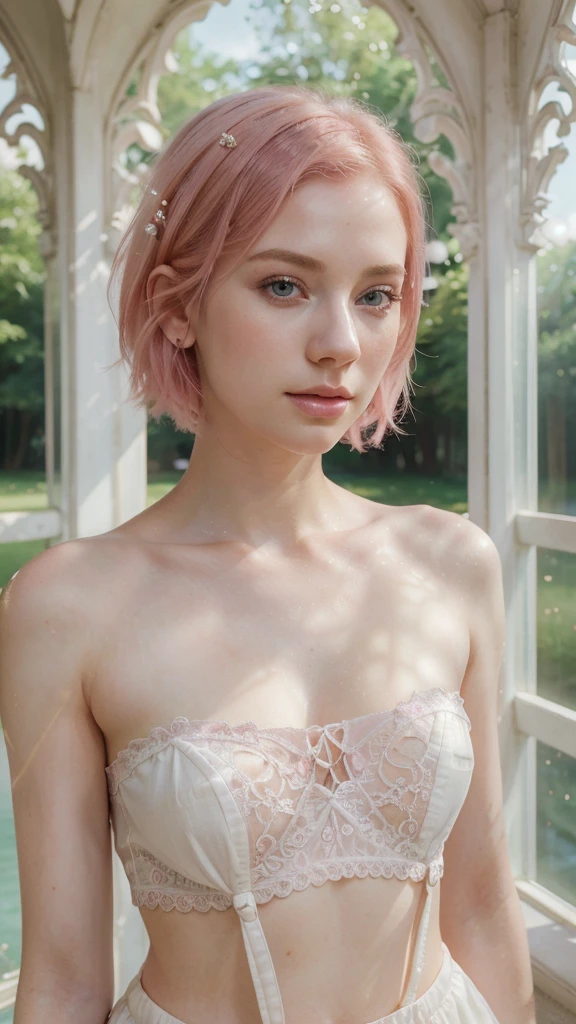 a beautiful young woman with short pink hair, pale skin, detailed facial features, elegant pose, serene expression, in a dreamy, surreal environment, (best quality,4k,8k,highres,masterpiece:1.2),ultra-detailed,(realistic,photorealistic,photo-realistic:1.37),ethereal,whimsical,fantasy,vibrant colors,warm lighting