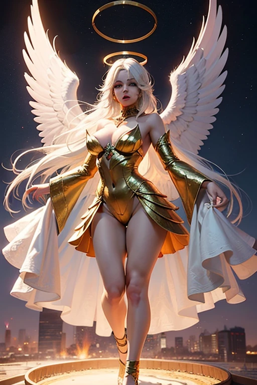 3D female character with long hair, white hair, pink skin color with black eyes, on the head there is a floating golden halo and above the shoulders there are golden ornaments floating, with thick, shapely legs, on his back he has white angelic wings, white clothes.