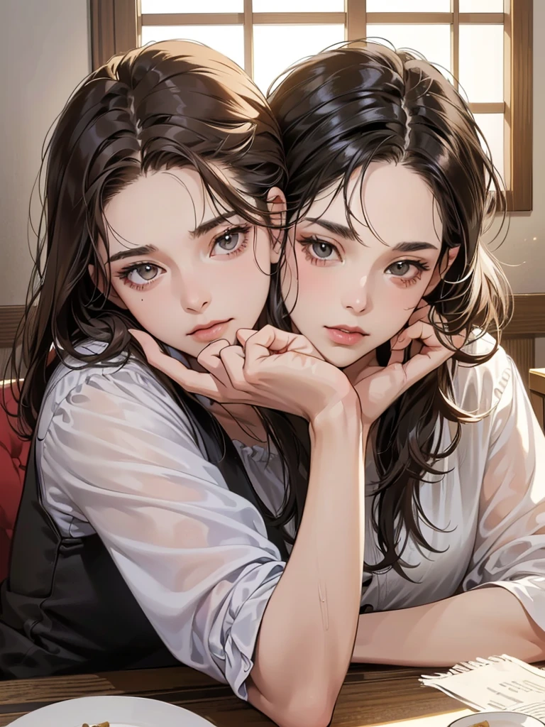 (table top, digital art, digital illustration, 4K, 8ก, Very detailed, beautiful picture, Sharp picture, realistic, raw photos, perfect face, perfect lines, perfect eyes, soft light) , lover, 1 girl 1 boy, The hair color is different., Medium brown hair and brown eyes., Short black hair and gray eyes, romantic, lover