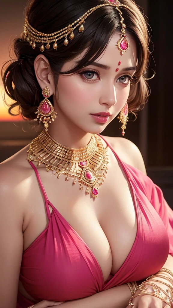 hot beautiful milf woman, big heavy jhumka earrings, pink saree, detailed face, detailed eyes, detailed lips, intricate jewelry, sensual pose, sunset lighting, vibrant colors, cinematic lighting, photorealistic, 8k, high quality, masterpiece,big breasts