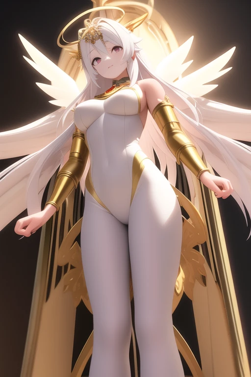 3D female character with long hair, white hair, pink skin color with black eyes, on the head there is a floating golden halo and above the shoulders there are golden ornaments floating, with thick, shapely legs, on his back he has white angelic wings, white clothes.
