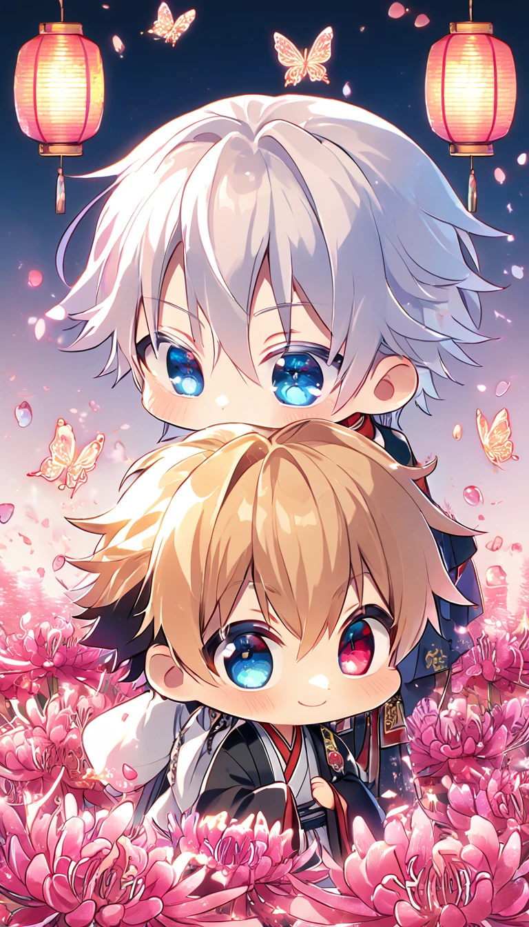 absurd resolution, high resolution, ultra detailed, detailed eyes, extremely detailed, HDR, 8K, Kazama Chikage chibi, honey blonde hair, expressive red eyes, Hakuouki, Tsurumaru Tenka chibi, white hair, expressive blue eyes, white eyelashes, two sexy boys together, yaoi, gay couple, cute, black haori, white kimono, red collar, fantasy, cool, magical, pink glittering butterflies, pink dust flying around, pink spider lilies, pink petals, pink lanterns, Japanese ambiance, cherry blossoms