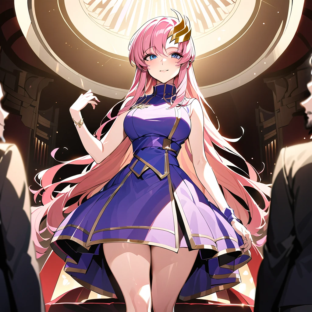 ((Highest quality)), ((masterpiece)), (detailed), (Perfect Face)、The woman is Lacus Clyne, the wife of the leader of a mysterious cult. She has blue eyes, medium-long pink hair, a hair ornament, is wearing the mysterious, luxurious cult clothing of the mysterious religious organization, accessories from the mysterious cult, and an engagement ring.、The woman is the wife of a middle-aged, bearded cult leader whom she greatly admires.、He is standing at the altar of a cult with a mysterious cult leader dressed in luxurious cult leader clothing.
