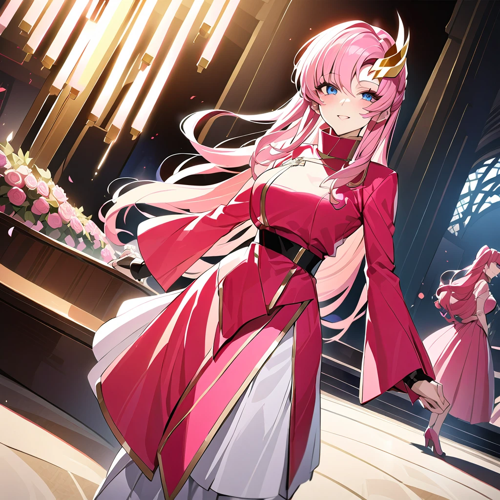 ((Highest quality)), ((masterpiece)), (detailed), (Perfect Face)、The woman is Lacus Clyne, the wife of the leader of a mysterious cult. She has blue eyes, medium-long pink hair, a hair ornament, is wearing the mysterious, luxurious cult clothing of the mysterious religious organization, accessories from the mysterious cult, and an engagement ring.、The woman is the wife of a middle-aged, bearded cult leader whom she greatly admires.、He is standing at the altar of a cult with a mysterious cult leader dressed in luxurious cult leader clothing.