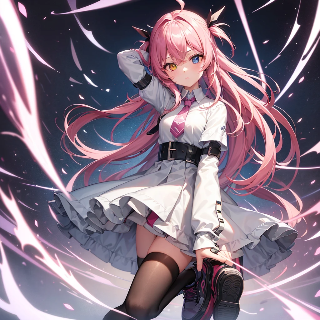 Pink hair, anime girl, white dress, black eyes, 