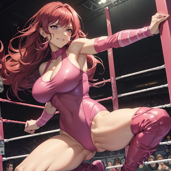 (absurdres, high fantasy artwork, best high quality image, carefuly detailed, very detailed features and textures, view solo character)
{{(1character: 60 years old scarlet-red haired barbarian woman , (long curly red hair, purple eyes, medium breag butt, beaut arms and legs, beautiful feminine figure, brave smile, combat pose) (pink wrestling leotard, pink wrestling boots, pink arm sleeves, pink thong), (training wrestling gym, training wrestling ring)}}