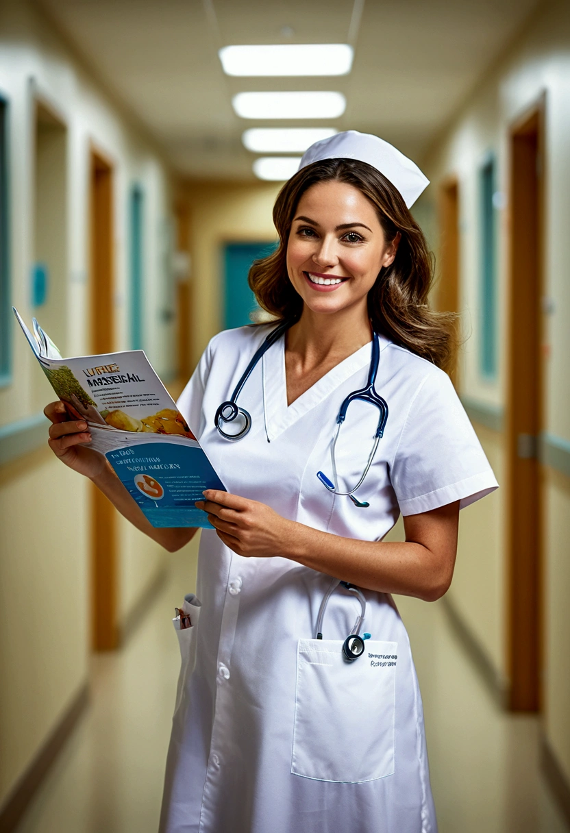 (nurse), stand in the ward with a warm smile and eyes full of care and encouragement. She seems to be a warm light for the patient. The background is the warm ward, full body, award-winning, cinematic still, emotional, vignette, dynamic, vivid, (masterpiece, best quality, photorealistic, Professional, perfect composition, very aesthetic, absurdres, ultra-detailed, intricate details:1.3)