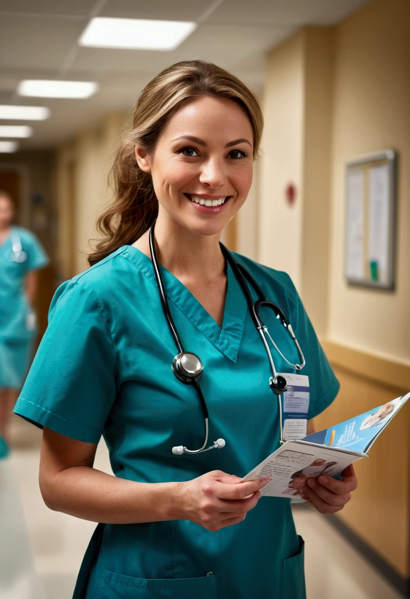 (nurse), stand in the ward with a warm smile and eyes full of care and encouragement. She seems to be a warm light for the patient. The background is the warm ward, full body, award-winning, cinematic still, emotional, vignette, dynamic, vivid, (masterpiece, best quality, photorealistic, Professional, perfect composition, very aesthetic, absurdres, ultra-detailed, intricate details:1.3)