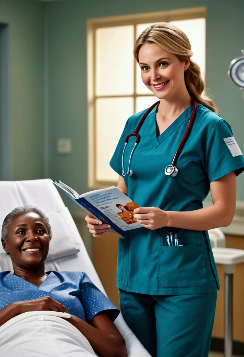 (nurse), stand in the ward with a warm smile and eyes full of care and encouragement. She seems to be a warm light for the patient. The background is the warm ward, full body, award-winning, cinematic still, emotional, vignette, dynamic, vivid, (masterpiece, best quality, photorealistic, Professional, perfect composition, very aesthetic, absurdres, ultra-detailed, intricate details:1.3)