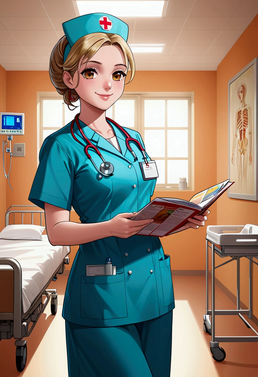(nurse), smiling in the ward, holding a medical brochure, patiently educating and instructing the patient. The background is a warm ward, full body, award-winning, cinematic still, emotional, vignette, dynamic, vivid, (masterpiece, best quality, photorealistic, Professional, perfect composition, very aesthetic, absurdres, ultra-detailed, intricate details:1.3)