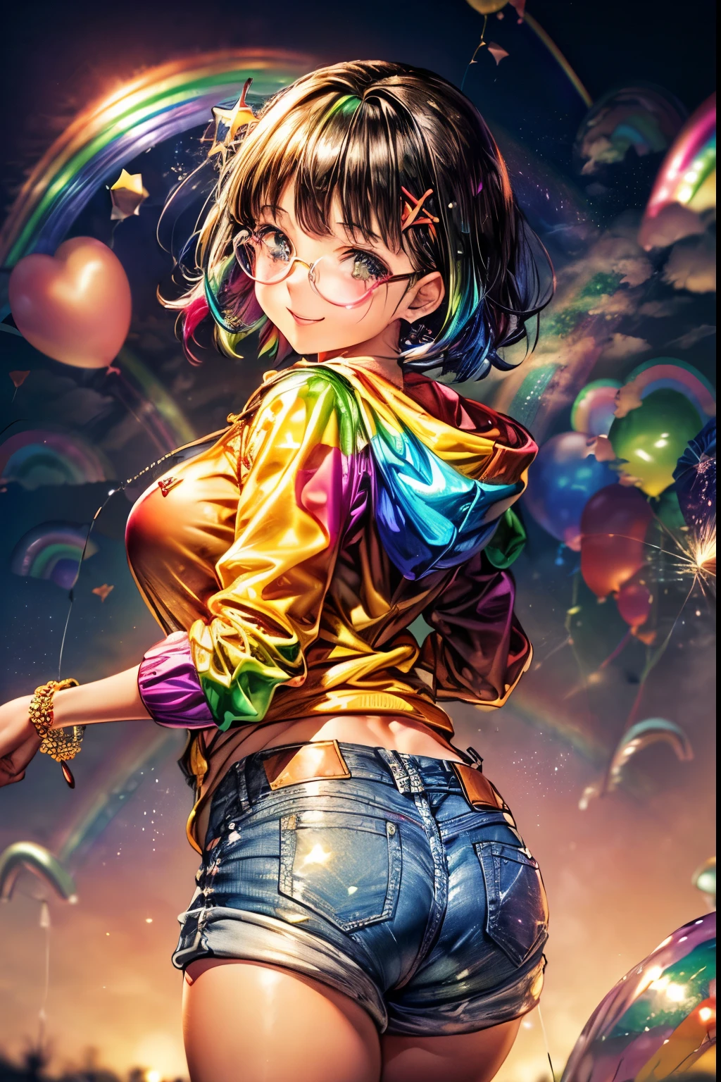 {worst quality, low-quality}, masutepiece,Best Quality,ultra-detailliert,masterpiece, (Background of clear blue sky with rainbow), ((a closeup)), (gals:1.2), ((big breasts)), (black hair short cut:1.3), (Looking back), (cute Pose:1.2),(Uniform: 1.2), (Wear a rainbow-colored oversized zip hoodie on top: 1.4), (jeans hot pants:1.3), plump shiny lips, Beautiful clear eyes, (The best smile), Spoken Heart, ((Necklace,Colorful bracelets,X Hair Ornament):1.2), (Rainbow-colored frame under-rim glasses:1.4), ((glow rainbow)), (rainbow particles, rainbow sparkles, rainbow rays:1.4), ((Background of many floating balloons:1.5)), 🎈,
