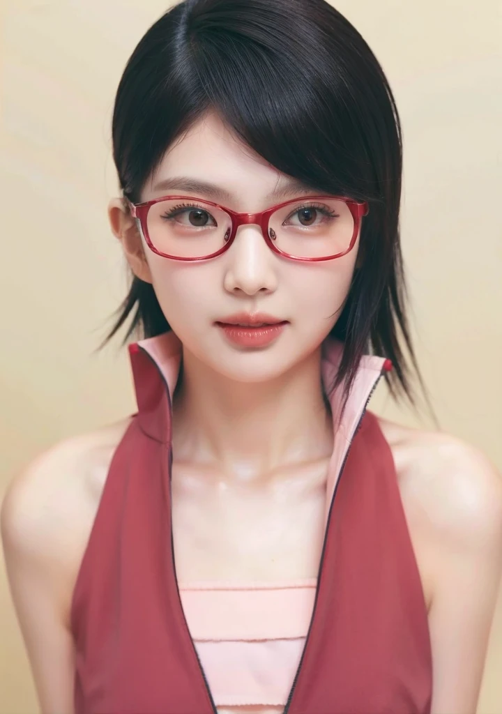 1girl, jennie kim, short hair, black hair, red eyes, red clothes, realistic clothes, beautiful, wear glasses red, background city, realistic, ultra detail, jennie kim face.