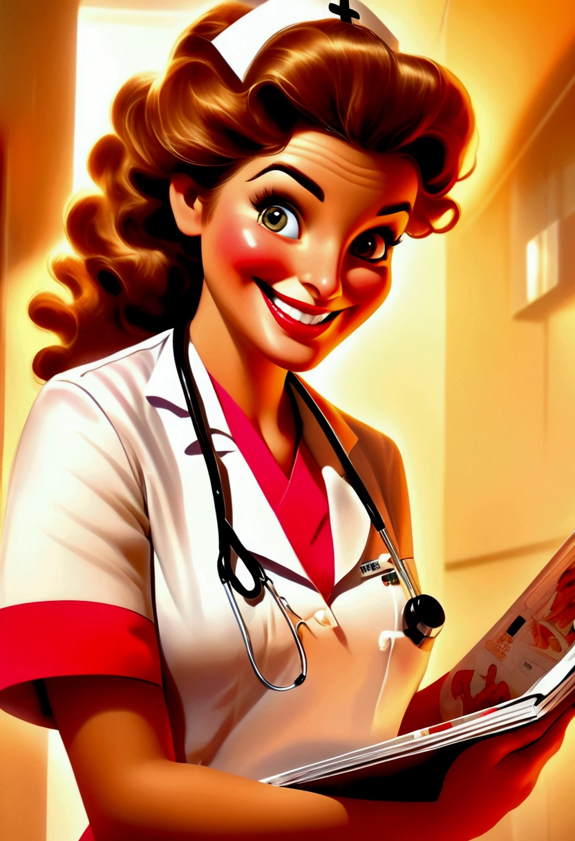 (nurse), smiling in the ward, holding a medical brochure, patiently educating and instructing the patient. The background is a warm ward, full body, award-winning, cinematic still, emotional, vignette, dynamic, vivid, (masterpiece, best quality, photorealistic, Professional, perfect composition, very aesthetic, absurdres, ultra-detailed, intricate details:1.3)