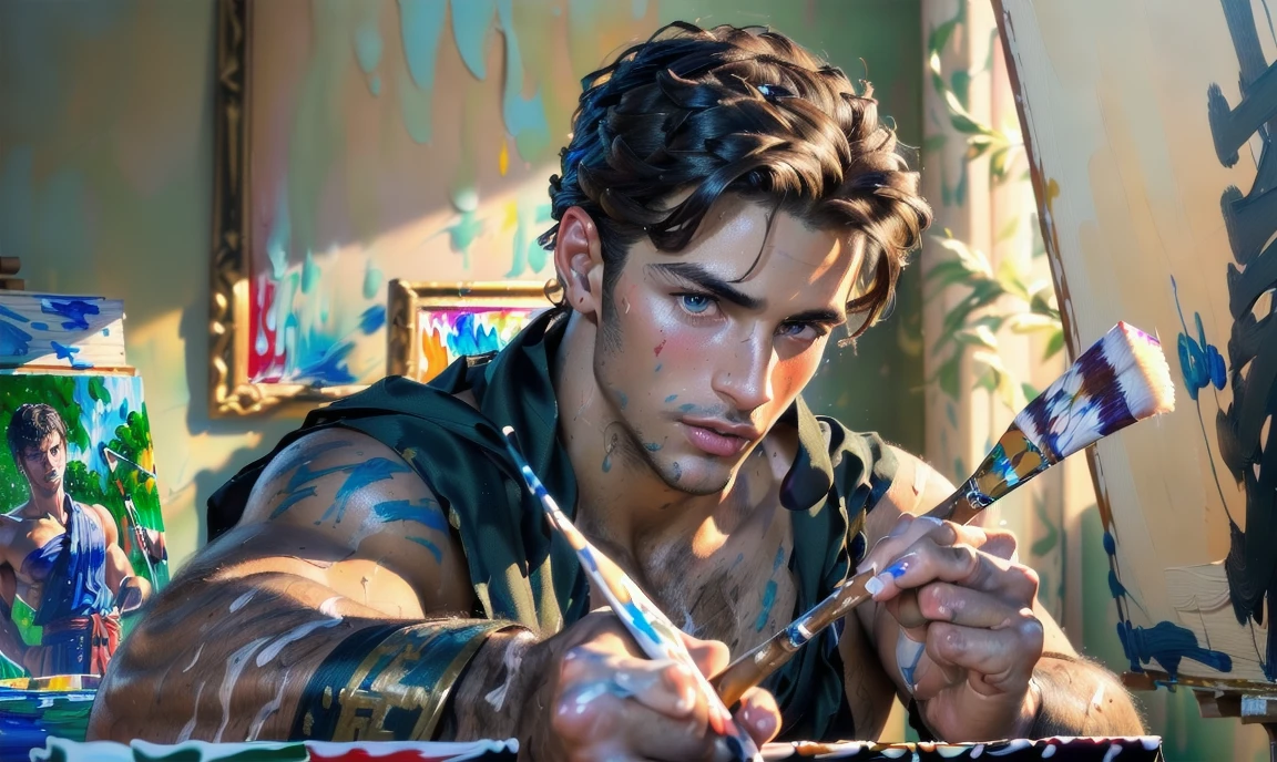 "((highly detailed, detailed eyes, detailed face, clear and realistic facial features, photorealistic, realistic light; cinematic)), (1 man), ((((painting studio background)))), (((seductive sexy erotic gorgeous greek male model))), ((((running a paint brush over his bare skin)))) ((aroused expression)), (((blushing))), (short dark hair), (((wearing a classy draped roman toga))."
