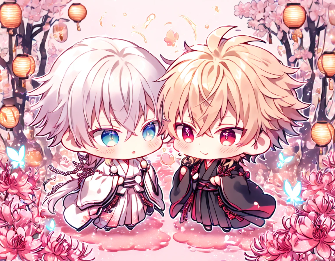 absurd resolution, high resolution, ultra detailed, detailed eyes, extremely detailed, HDR, 8K, Kazama Chikage chibi, honey blonde hair, expressive red eyes, Hakuouki, Tsurumaru Tenka chibi, white hair, expressive blue eyes, white eyelashes, two sexy boys together, yaoi, gay couple, cute, black haori, white kimono, red collar, fantasy, cool, magical, pink glittering butterflies, pink dust flying around, pink spider lilies, pink petals, pink lanterns, Japanese ambiance, cherry blossoms