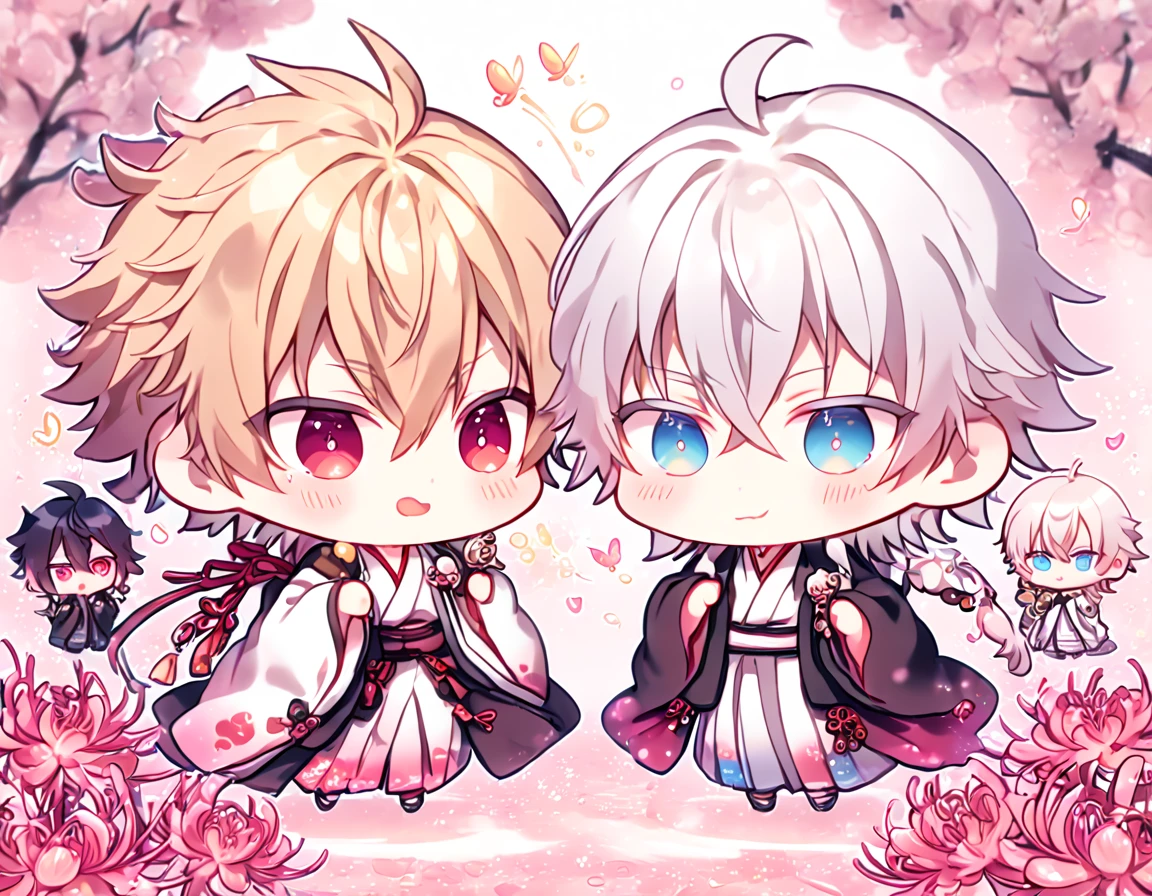 absurd resolution, high resolution, ultra detailed, detailed eyes, extremely detailed, HDR, 8K, Kazama Chikage chibi, honey blonde hair, expressive red eyes, Hakuouki, Tsurumaru Tenka chibi, white hair, expressive blue eyes, white eyelashes, two sexy boys together, yaoi, gay couple, cute, black haori, white kimono, red collar, fantasy, cool, magical, pink glittering butterflies, pink dust flying around, pink spider lilies, pink petals, pink lanterns, Japanese ambiance, cherry blossoms