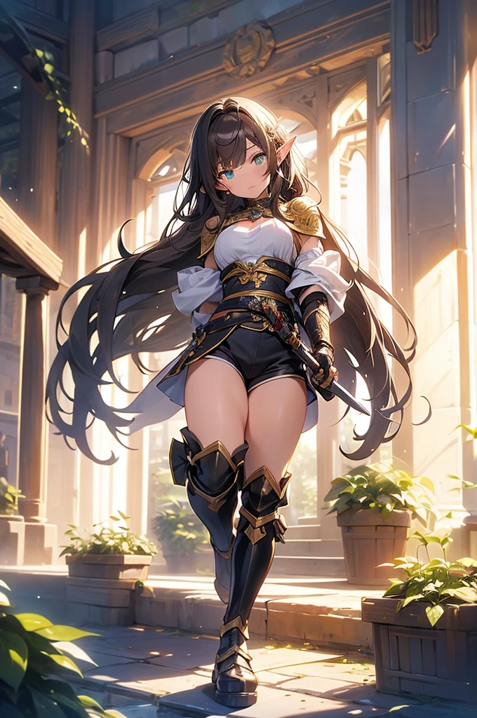 (artistry, best qualityer, ultradetailed, high resolution, 4K),(beautiful detailed eyes),(very highly detailed face),( fully body), (1ガール),HDR, long hair, medieval brown shorts, greeneyes, chestnut hair, longye hair ,  elf ear, black gloves, elf outfit, warrior, long medieval boots, magician, jewelly, lips, focus only, glaze, White background, holding a short sword, preparing for attack, realisitic, gazing at viewer.