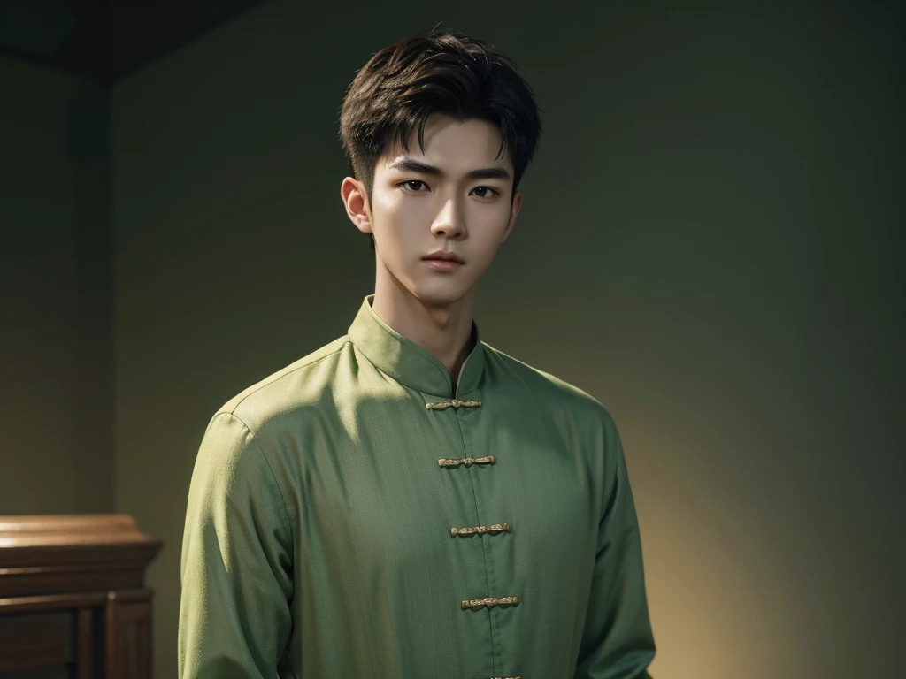 1 Handsome chinese slim guy, 20 years old, short hair,Wear green linen,realisticlying,dynamic lights,Brush cut,Thin stature,no facial hair,full shoot,(Highly detailed CG Unity 8k wallpaper),high detal,tack sharp focus,dramatic,Photoreality