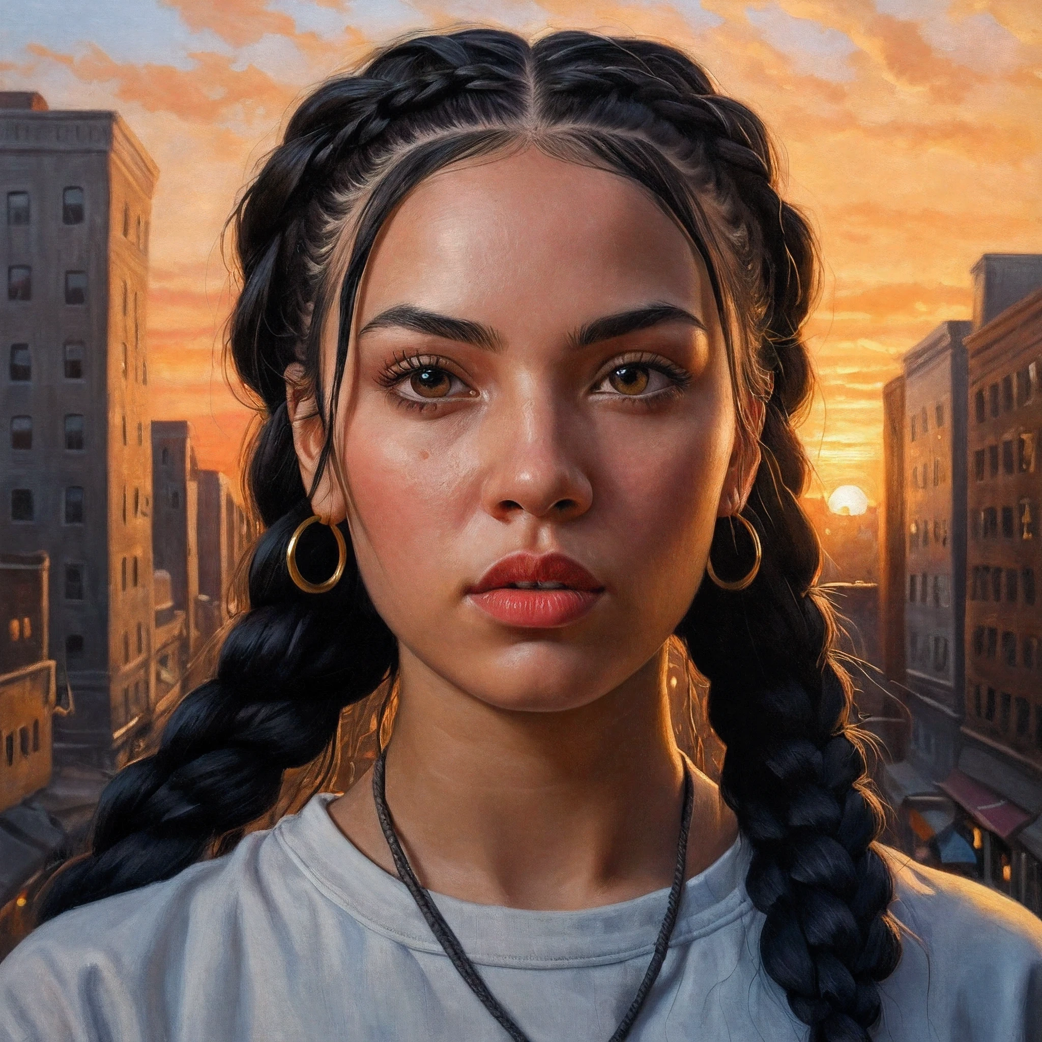 low angle)(woman), sunset in the city (black hair with long braids) (loud and menacing), (oil painting)(detailed face, eyes and lips), (strong lighting), (best quality, high resolution , masterpiece: 1.2), (ultra-detailed) (realistic: 1.37), (professional), (vivid colors),