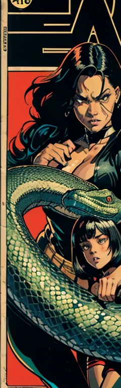 vintage comic book cover design, showing a giant, angry snake, in a monochromatic palette, next to a mulatto woman with long, straight black hair, visibly scared and crouched, with her back to the reader, looking at the centipede, woman in bottom, snake at the top front highlighted, black art background