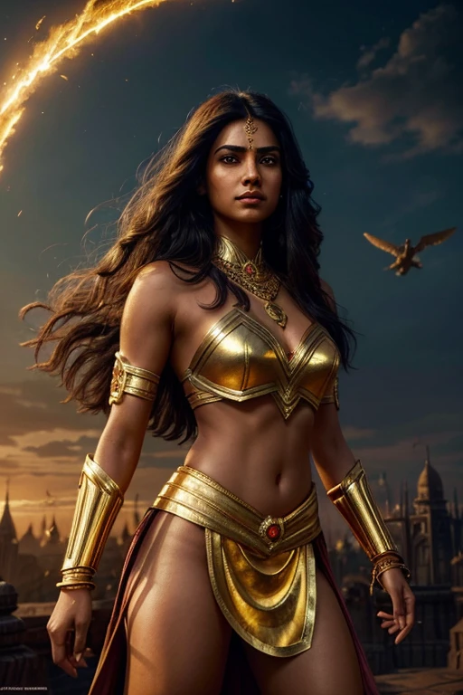 A beautiful Indian woman superhero, long dark hair, piercing eyes, high cheekbones, detailed facial features, intricate body armor with gold accents, golden short skirt, holding a golden lasso, flying through the sky, dramatic lighting, cinematic composition, vibrant colors, epic fantasy, concept art style