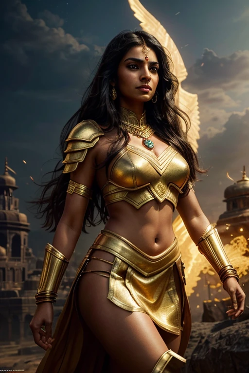 A beautiful Indian woman superhero, long dark hair, piercing eyes, high cheekbones, detailed facial features, intricate body armor with gold accents, golden short skirt, holding a golden lasso, flying through the sky, dramatic lighting, cinematic composition, vibrant colors, epic fantasy, concept art style