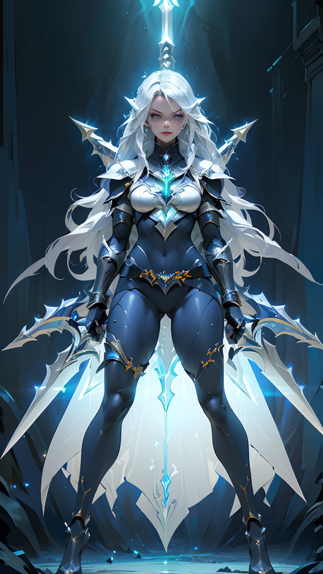 (((masterpiece, best quality, high detailed, 16k))) Design a Gaming character, (1girl). Silver+Blue armor, stylish and unique. ((showcase weapon:1.4)), lightning spear. (masterpiece:1.2), (best quality), (luminous lighting, atmospheric lighting). storm mage, ((glove full hands)), vambraces, armored legwear, (((full_body_shot:1.4))). (During a thunderstorm)
