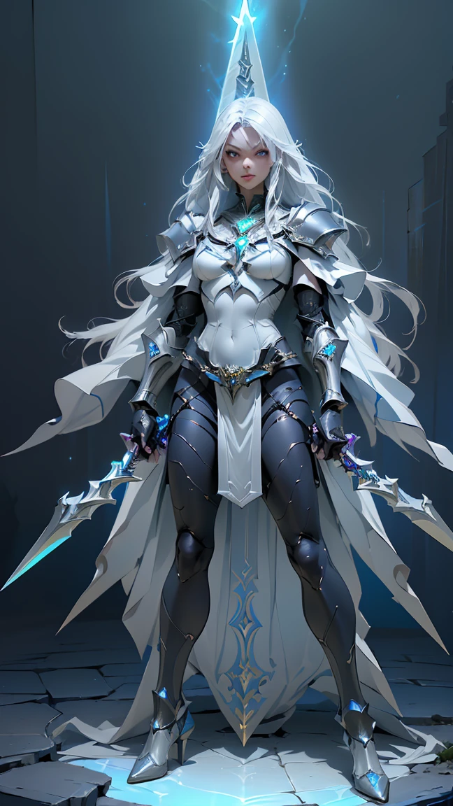 (((masterpiece, best quality, high detailed, 16k))) Design a Gaming character, (1girl). Silver+Blue armor, stylish and unique. ((showcase weapon:1.4)), lightning spear. (masterpiece:1.2), (best quality), (luminous lighting, atmospheric lighting). storm mage, ((glove full hands)), vambraces, armored legwear, (((full_body_shot:1.4))). (During a thunderstorm)