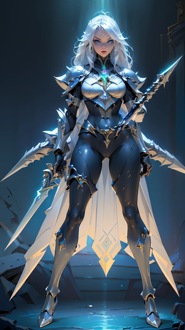 (((masterpiece, best quality, high detailed, 16k))) Design a Gaming character, (1girl). Silver+Blue armor, stylish and unique. ((showcase weapon:1.4)), lightning spear. (masterpiece:1.2), (best quality), (luminous lighting, atmospheric lighting). storm mage, ((glove full hands)), vambraces, armored legwear, (((full_body_shot:1.4))). (During a thunderstorm)