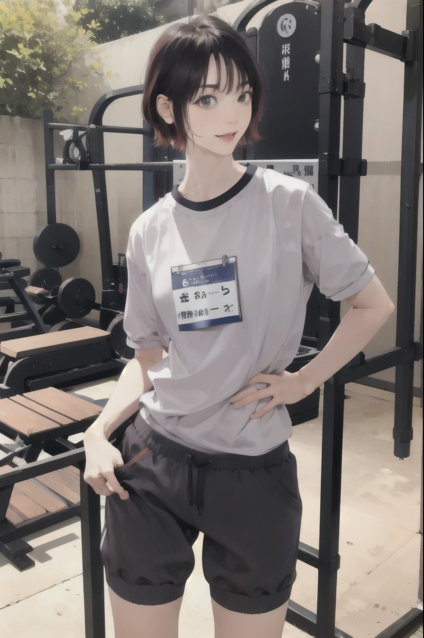masterpiece, best quality, highres,30-year-old,Sexy pose,Unusually beautiful and large eyes,A well-balanced and toned body,hanazawakana, buruma,gym uniform,outdoors,standing, cowboy shot,
