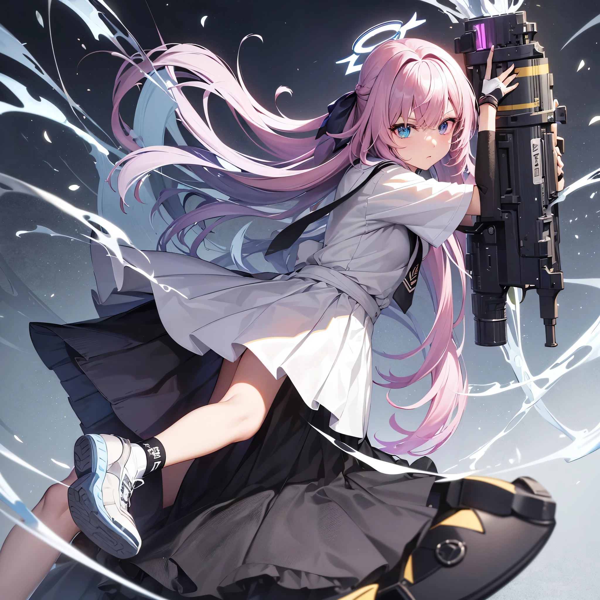 One Girl、,Shotgun、Shrapnel、arms、heterochromia、独奏、Halation、Pink Hair、gun、shield、gloves、Blue eyes、skirt、tie、Long Hair、Ahoge、sneakers、Blue tie、shoes、fingerless gloves、whole body、Have、shirt、Have arms、shoes、Black gloves、Have yellow eyes Have a gun,Odd Eye,Left eye is light blue,Right eye is yellow
