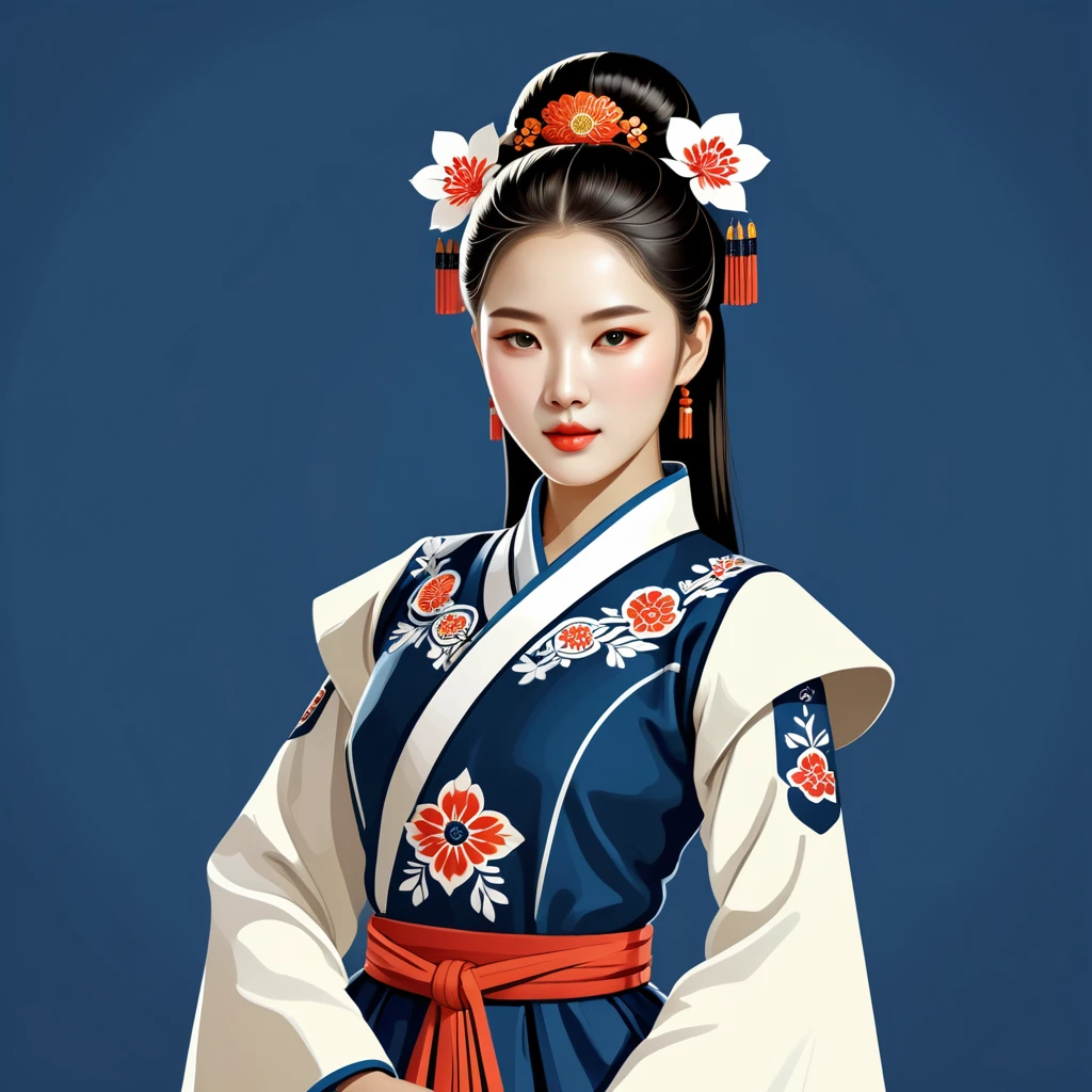 female	android	in korean folk outfit	,vector graphics, strong contours, logo design																						