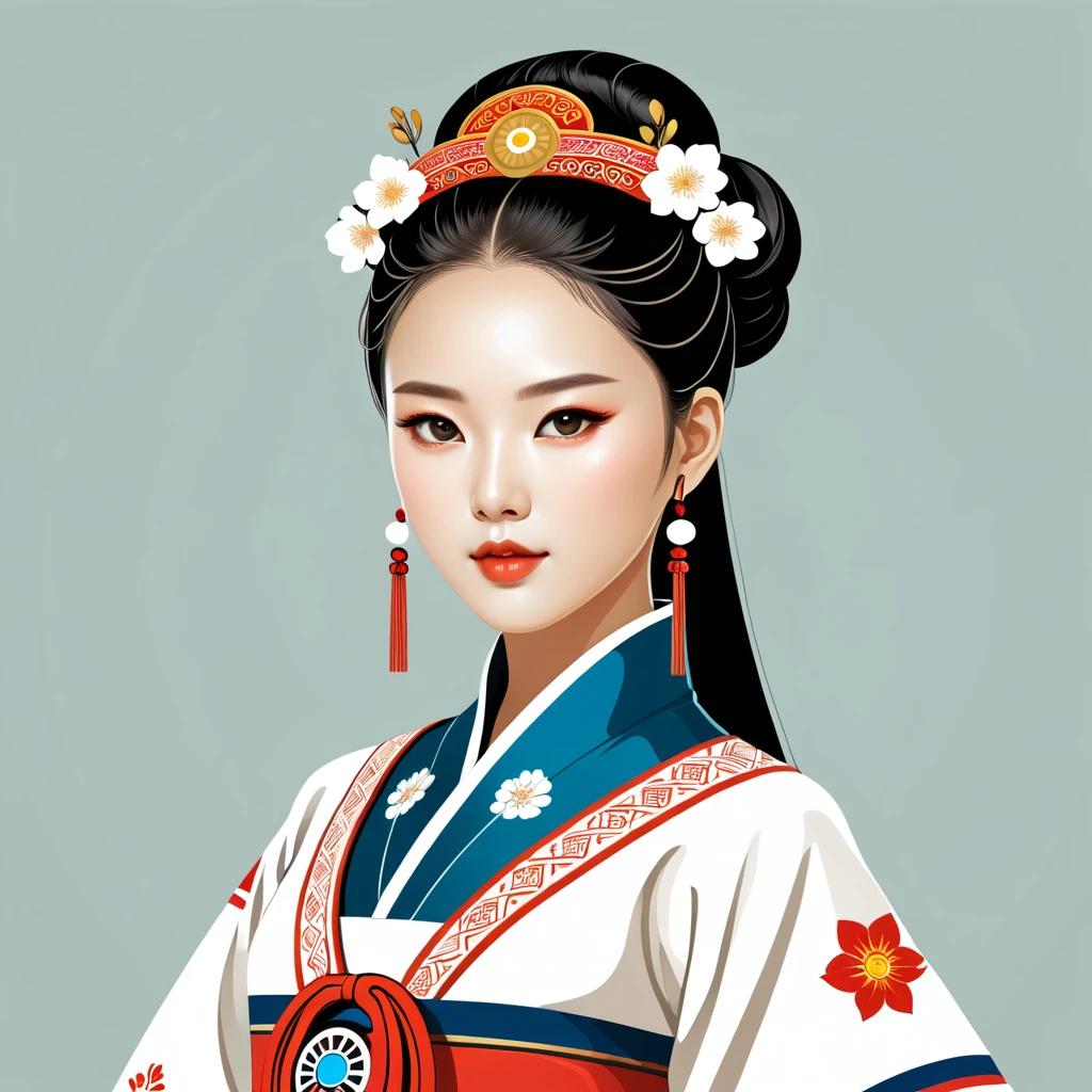 female	android	in korean folk outfit	,vector graphics, strong contours, logo design																						