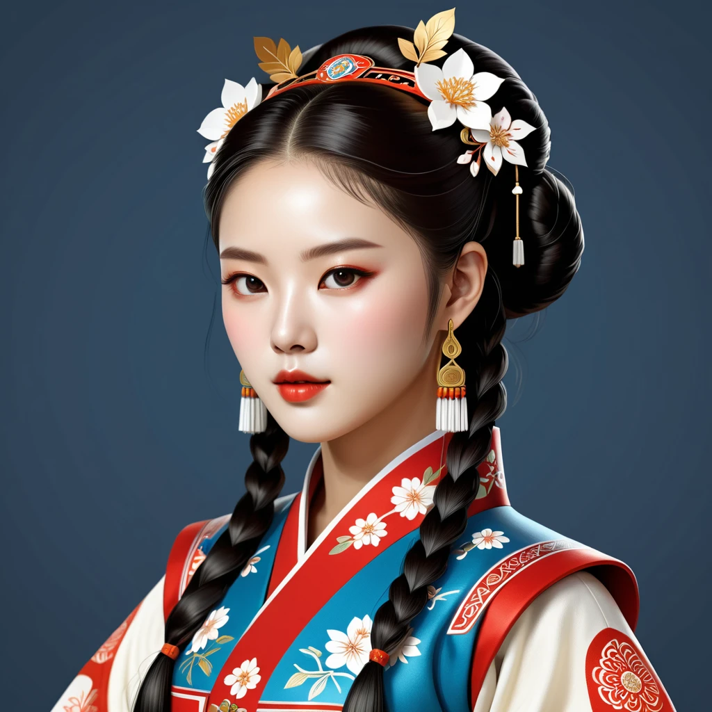female android in korean folk outfit ,vector graphics, strong contours, logo design