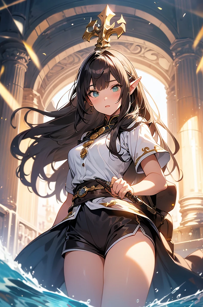 (artistry, best qualityer, ultradetailed, high resolution, 4K),(beautiful detailed eyes),(very highly detailed face),( fully body), (1ガール),HDR, long hair, medieval brown shorts, greeneyes, chestnut hair, longye hair , elf ear, black gloves, elf outfit, warrior, long medieval boots, magician, jewelly, lips, focus only, glaze, White background, holding a short sword in his left hand, attack pose, realisitic, gazing at viewer.