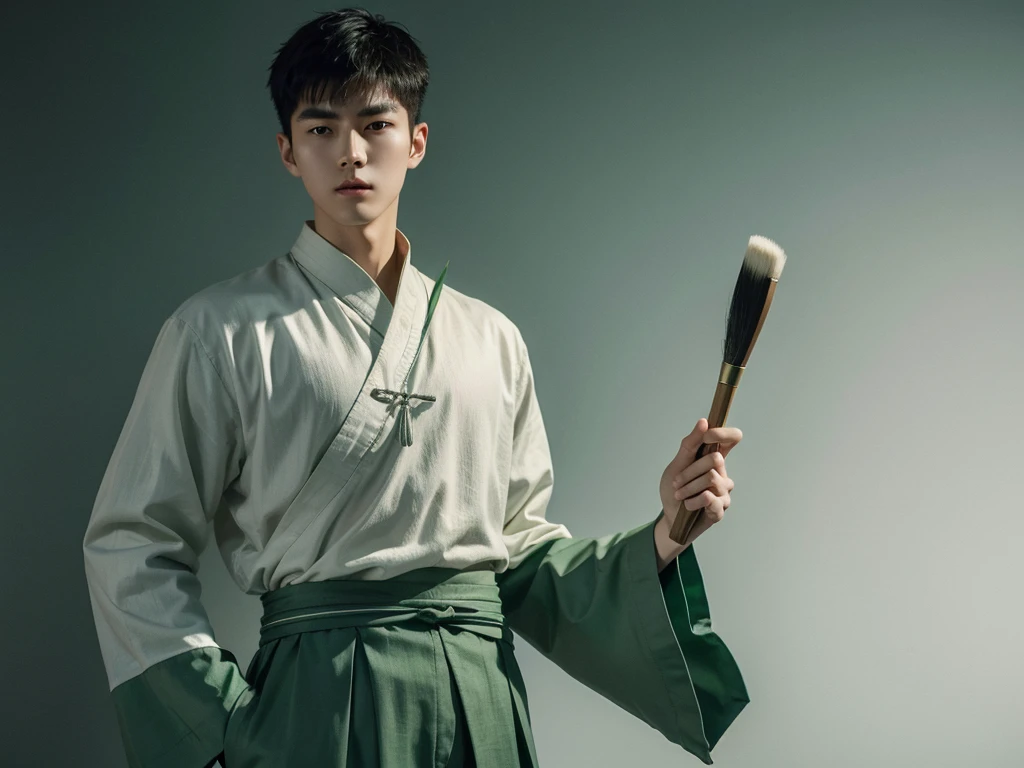 1 Handsome chinese slim guy, 20 years old, short hair,Wear green linen,realisticlying,dynamic lights,Brush cut,Thin stature,no facial hair,full shoot,(Highly detailed CG Unity 8k wallpaper),high detal,tack sharp focus,dramatic,Photoreality