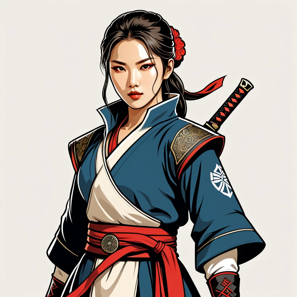 female	assassin	in korean folk outfit	,vector graphics, strong contours, logo design																						