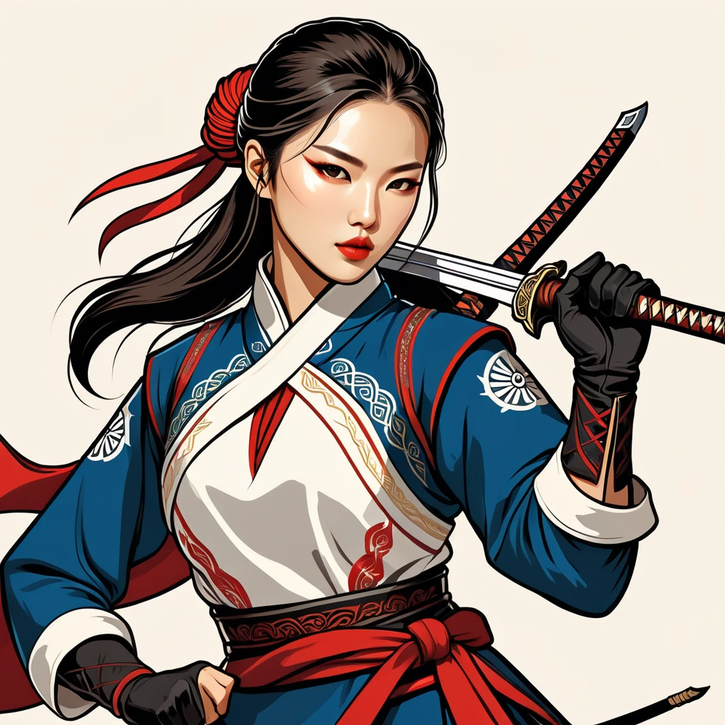 female	assassin	in korean folk outfit	,vector graphics, strong contours, logo design																						