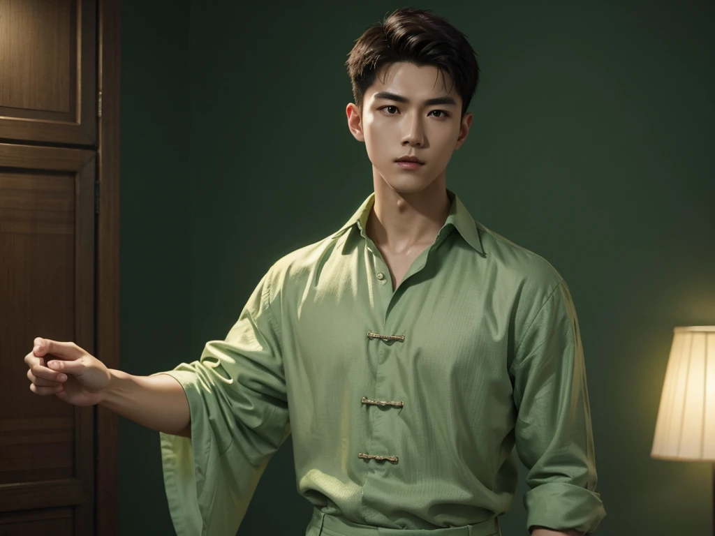 1 Handsome chinese slim guy, 20 years old, short hair,Wear green linen,realisticlying,dynamic lights,Brush cut,Thin stature,no facial hair,full shoot,(Highly detailed CG Unity 8k wallpaper),high detal,tack sharp focus,dramatic,Photoreality