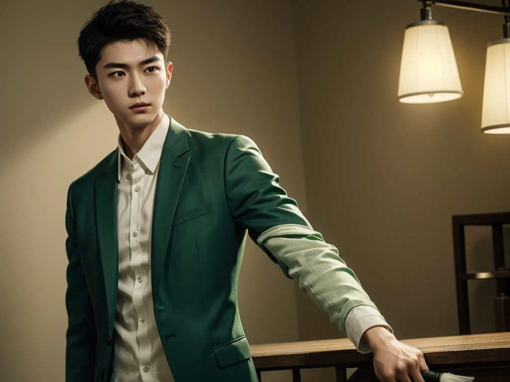 1 Handsome chinese slim guy, 20 years old, short hair,Wear green linen,realisticlying,dynamic lights,Brush cut,Thin stature,no facial hair,full shoot,(Highly detailed CG Unity 8k wallpaper),high detal,tack sharp focus,dramatic,Photoreality