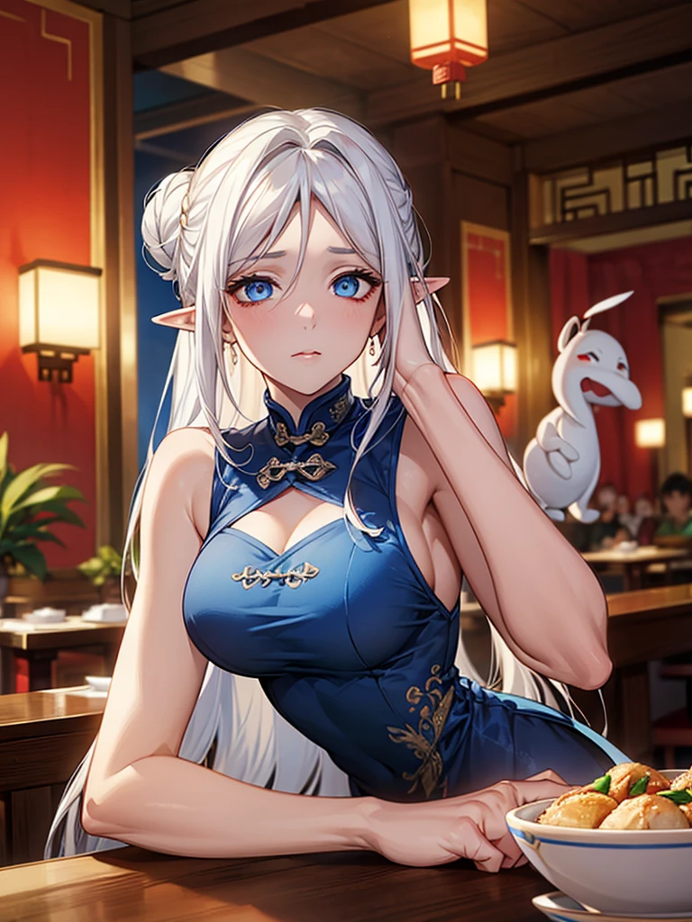 Highest quality,Masterpiece,8K,China Long Dress,Big Breasts,Best Style,Droopy eyes, glowing eyes, blue eyes,white Hair,Hair Bun,Chinese restaurant,waiter,elf ears, front facing 