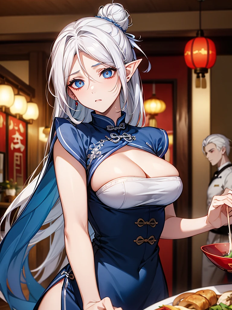 Highest quality,Masterpiece,8K,China Long Dress,Big Breasts,Best Style,Droopy eyes, glowing eyes, blue eyes,white Hair,Hair Bun,Chinese restaurant,waiter,elf ears, front facing 