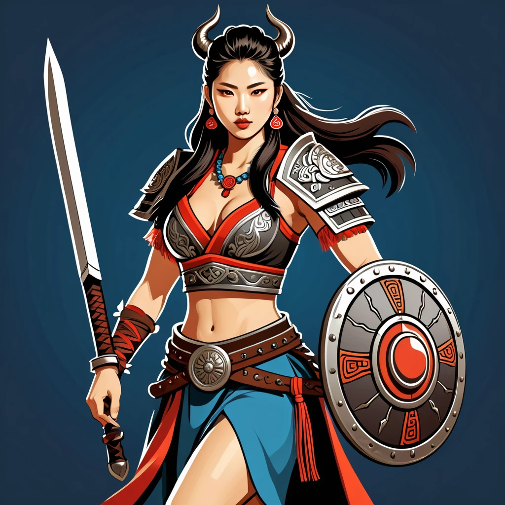 female	barbarian	in korean folk outfit	,vector graphics, strong contours, logo design																						