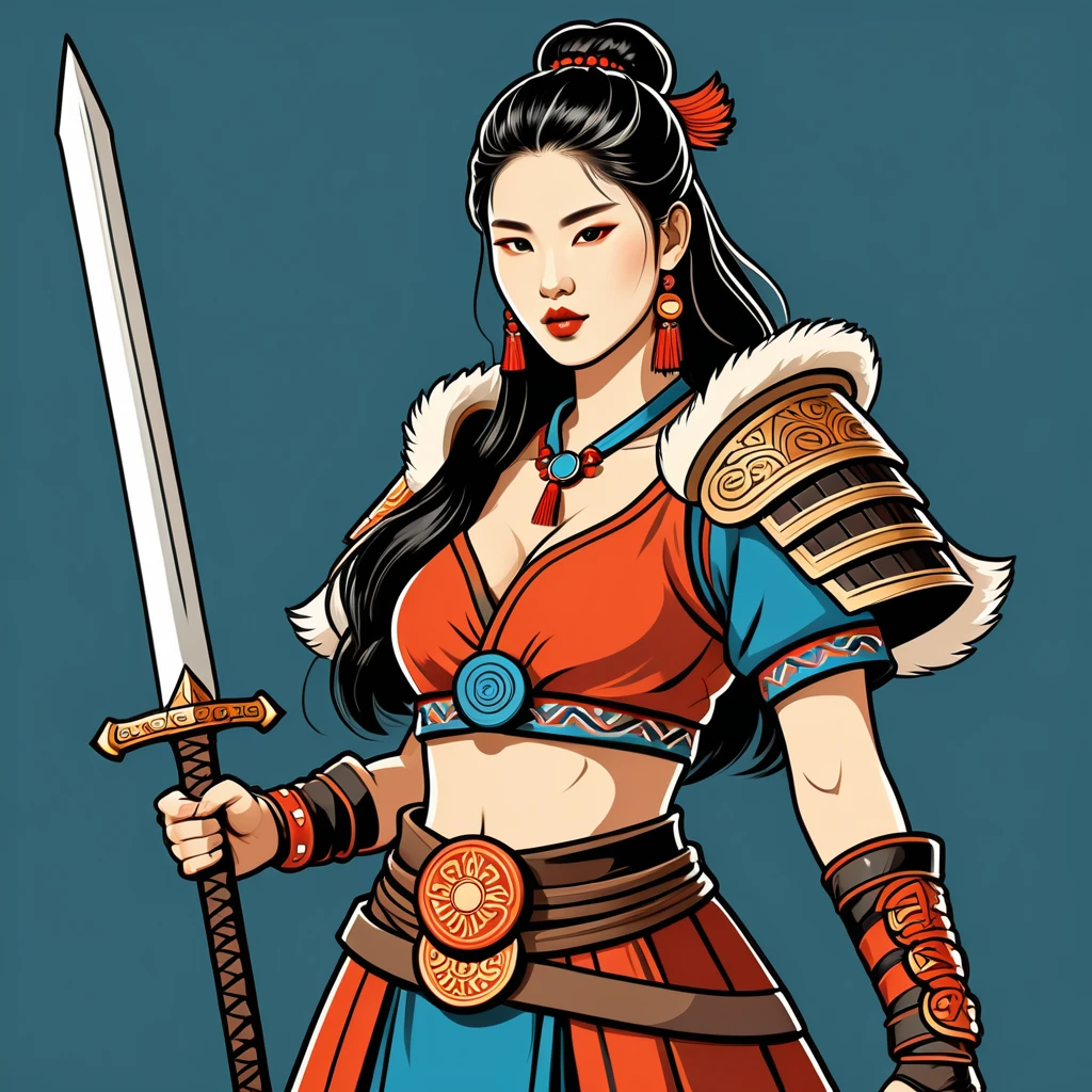 female barbarian in korean folk outfit ,vector graphics, strong contours, logo design