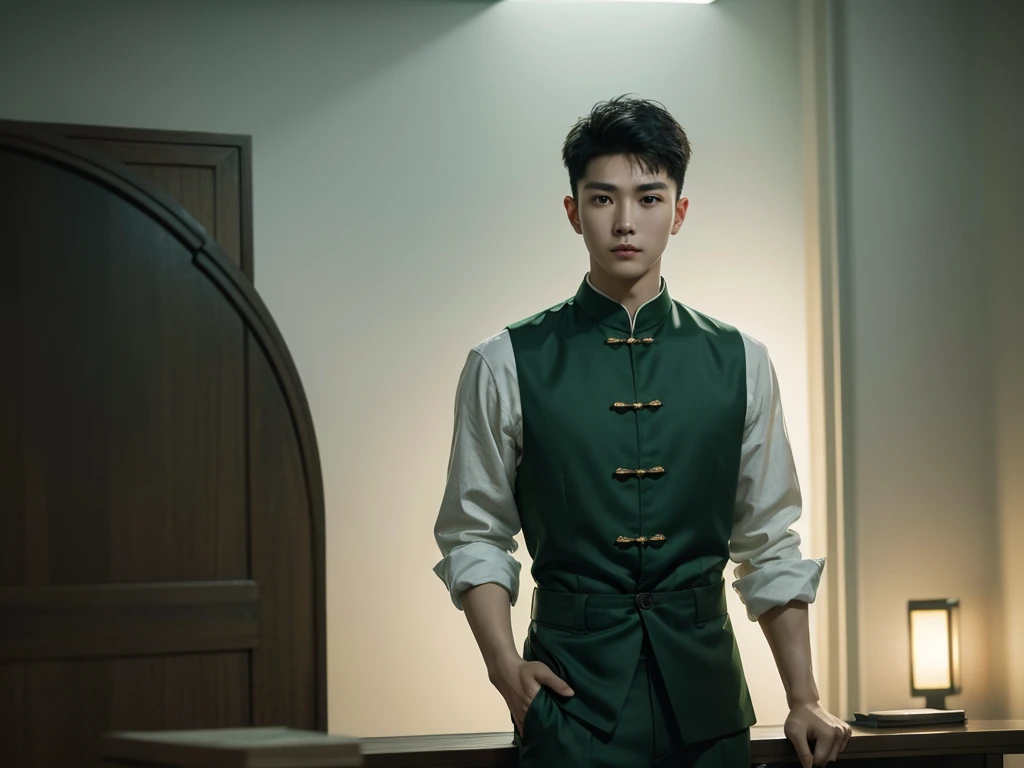 1 Handsome chinese slim guy, 20 years old, short hair,Wear green linen,realisticlying,dynamic lights,Brush cut,Thin stature,no facial hair,full shoot,(Highly detailed CG Unity 8k wallpaper),high detal,tack sharp focus,dramatic,Photoreality