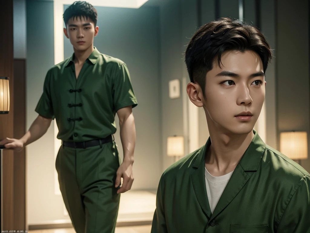 1 Handsome chinese slim guy, 20 years old, short hair，Wear green linen，realisticlying，dynamic lights，Brush cut，Thin stature，no facial hair，full shoot，（Highly detailed CG Unity 8k wallpaper），high detal，tack sharp focus，dramatic，Photoreality