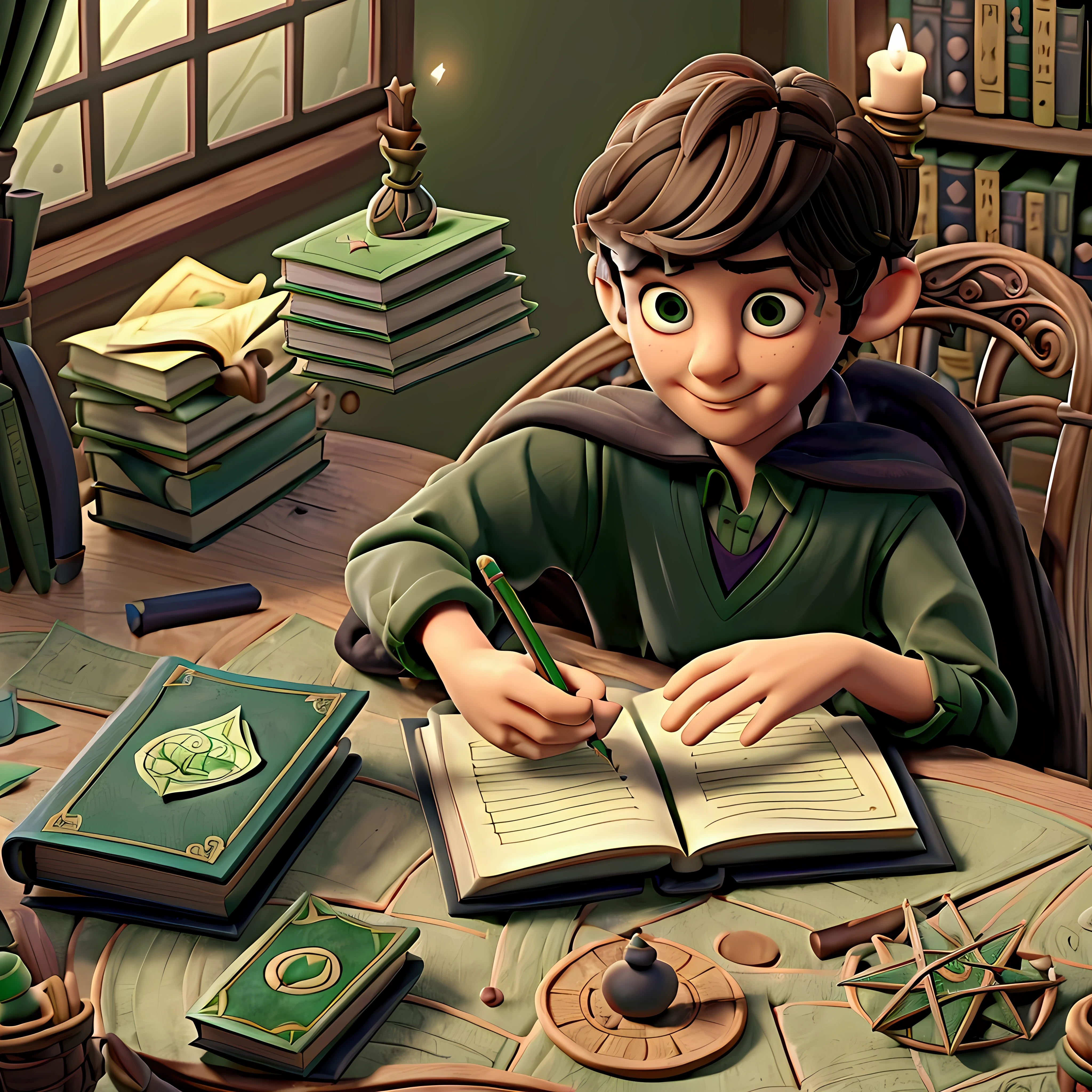 boy with dark hair in a green shirt writing in a book at a table with books, portrait of a young man , young man sitting reading at a table, young fantasy thief, fantasy book illustration, fantasy RPG book illustration, drawing sketches on his notebook, spellcasting wizard, standing inside a magical library, young half wizard, using a magic tablet